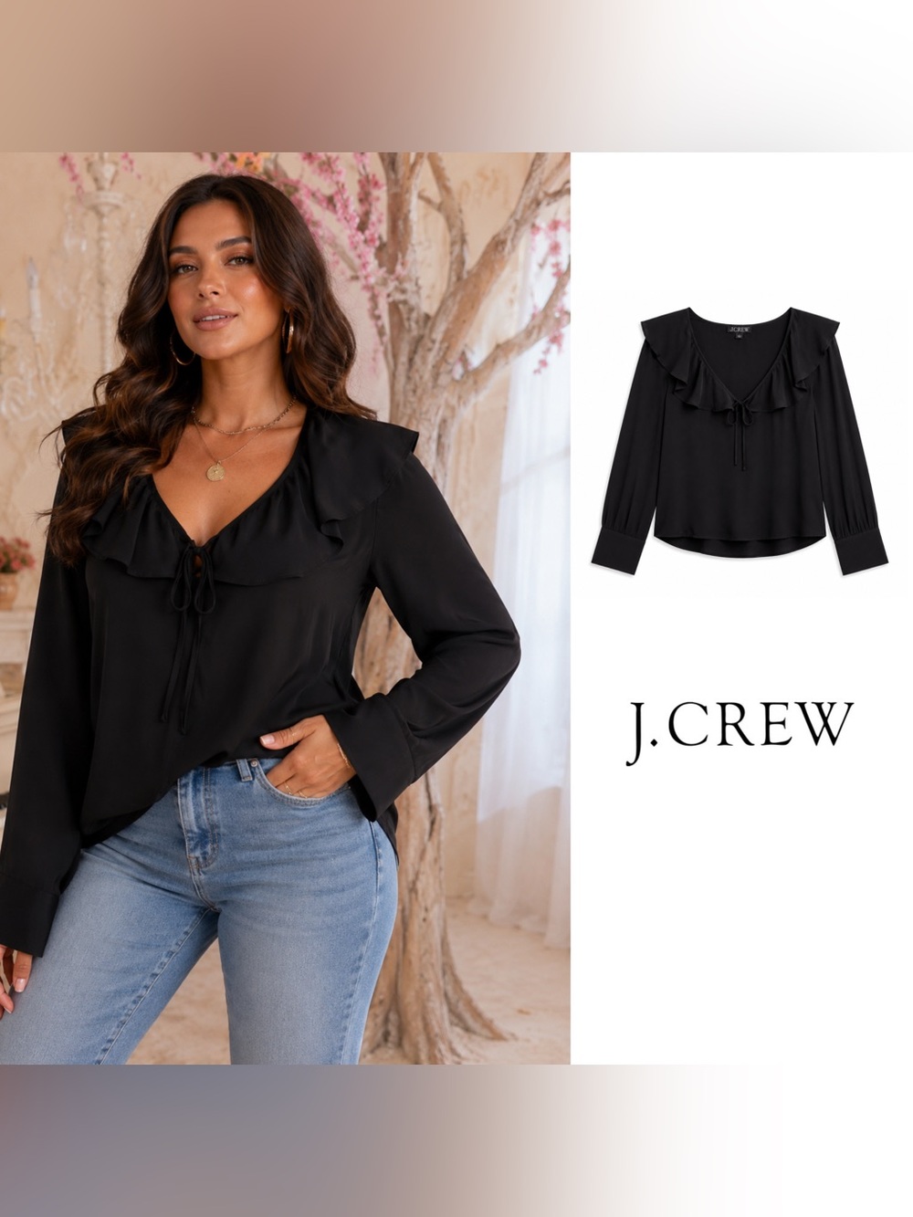 NEW J. Crew Black Ruffle Tie-Neck Long-Sleeve Blouse